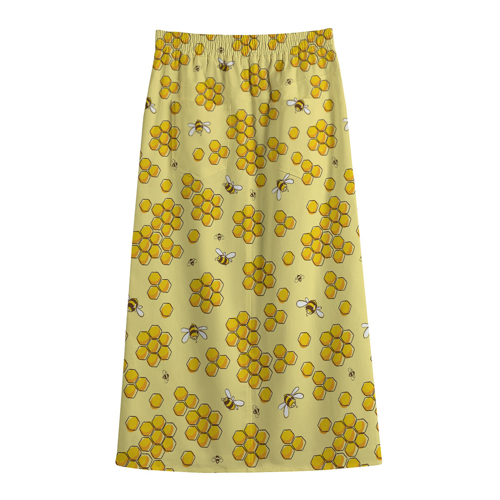 Cute Honey Bee Pattern Print Cotton Front Slit Maxi Skirt