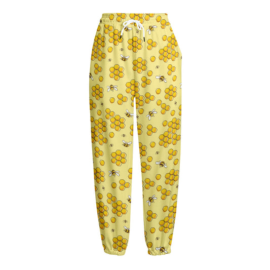Cute Honey Bee Pattern Print Fleece Lined Knit Pants
