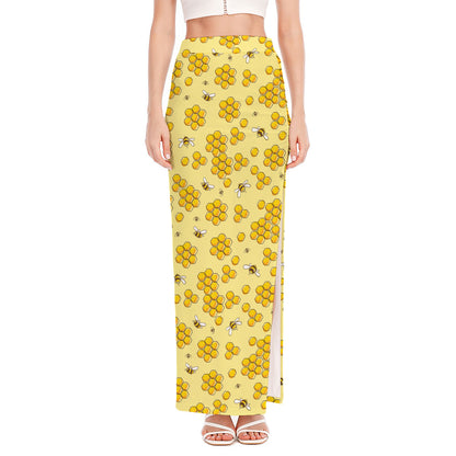 Cute Honey Bee Pattern Print High Slit Maxi Skirt