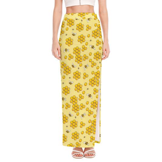 Cute Honey Bee Pattern Print High Slit Maxi Skirt