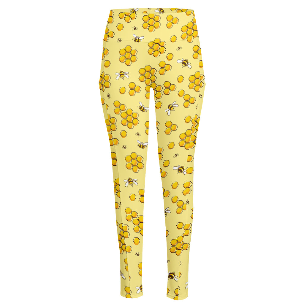 Cute Honey Bee Pattern Print High-Waisted Pocket Leggings