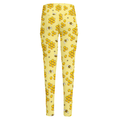 Cute Honey Bee Pattern Print High-Waisted Pocket Leggings