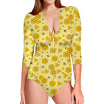 Cute Honey Bee Pattern Print Long Sleeve Swimsuit