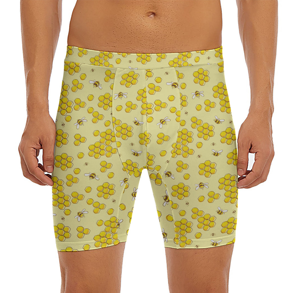 Cute Honey Bee Pattern Print Men's Long Boxer Briefs