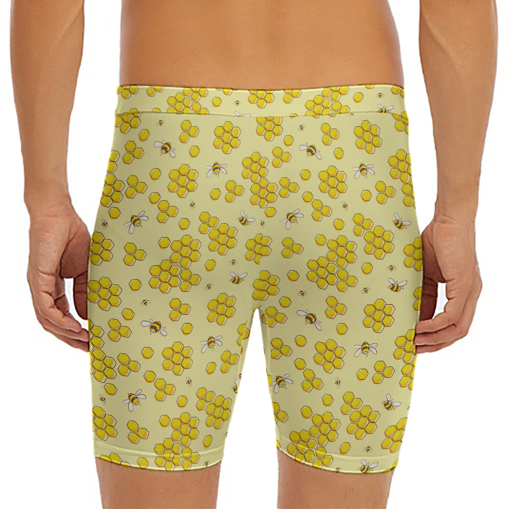 Cute Honey Bee Pattern Print Men's Long Boxer Briefs