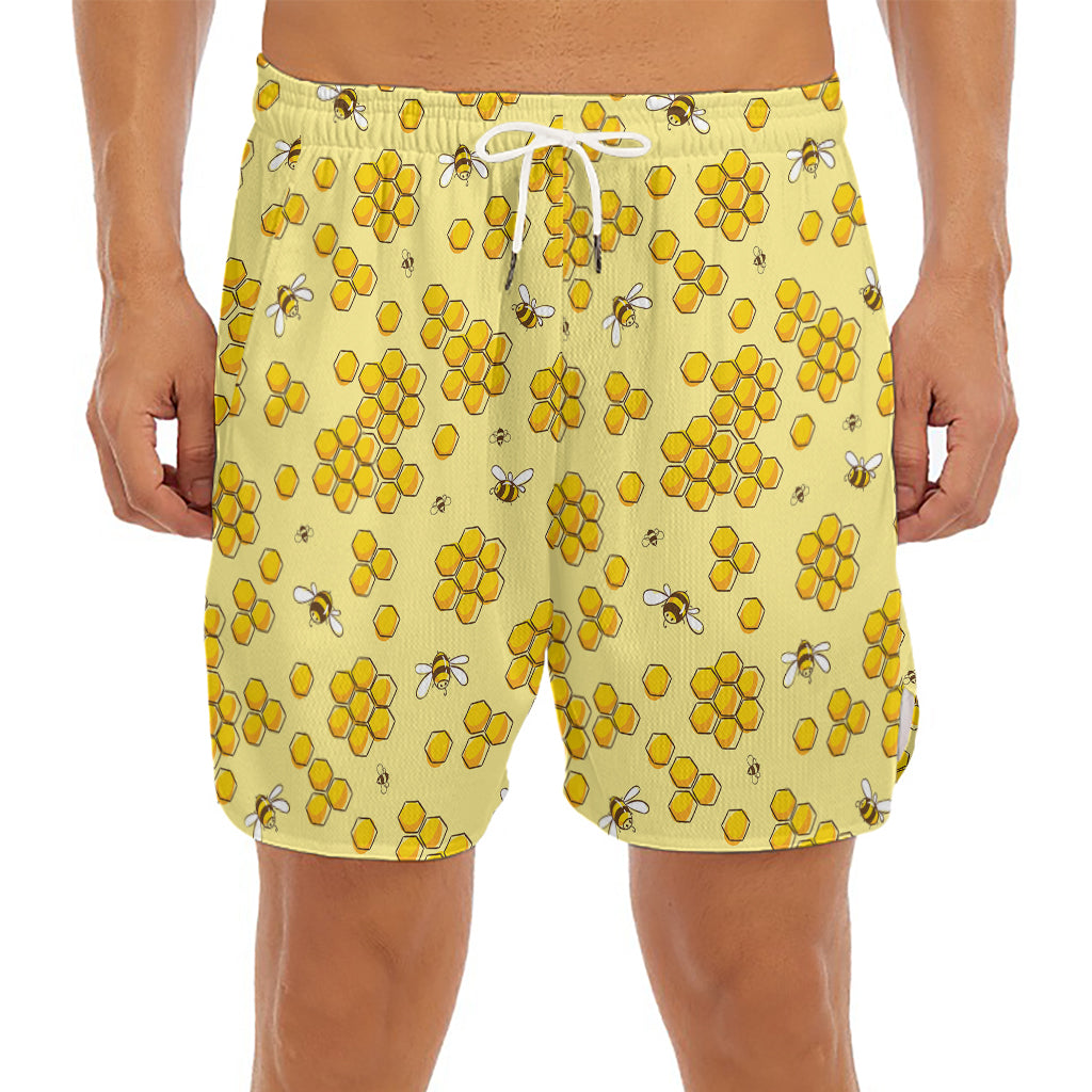Cute Honey Bee Pattern Print Men's Split Running Shorts
