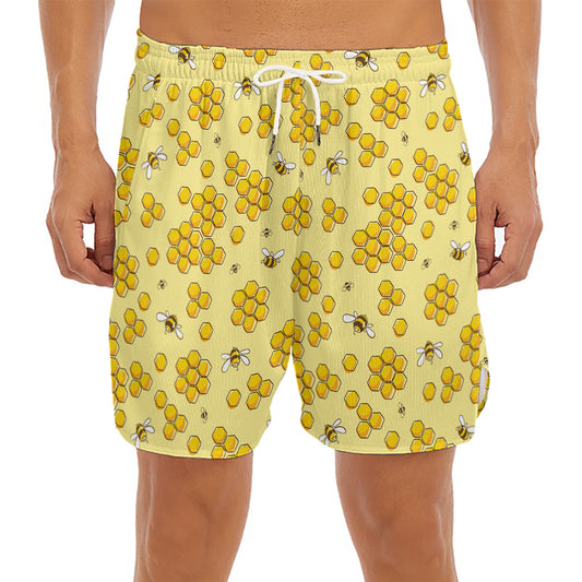 Cute Honey Bee Pattern Print Men's Split Running Shorts