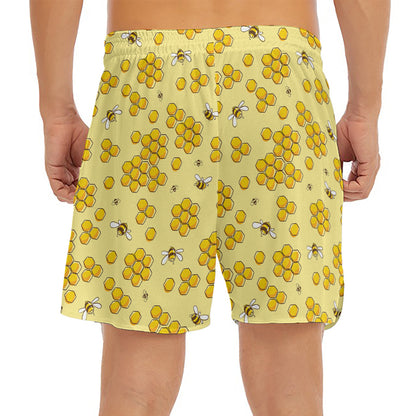 Cute Honey Bee Pattern Print Men's Split Running Shorts