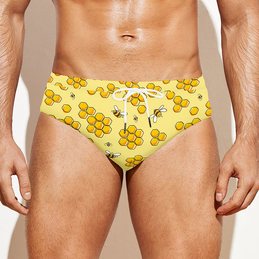 Cute Honey Bee Pattern Print Men's Swim Briefs