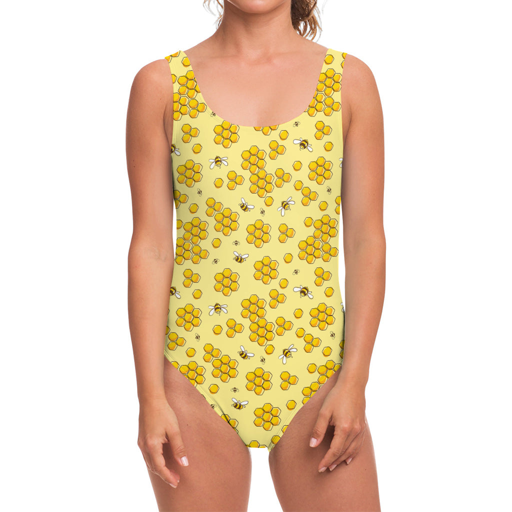 Cute Honey Bee Pattern Print One Piece Swimsuit