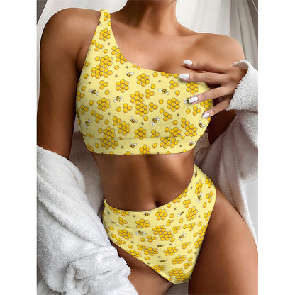 Cute Honey Bee Pattern Print One Shoulder Bikini Top