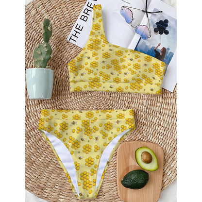 Cute Honey Bee Pattern Print One Shoulder Bikini Top