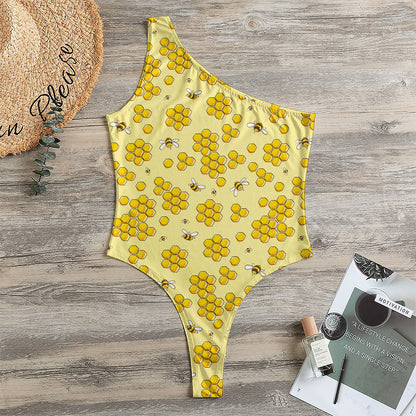 Cute Honey Bee Pattern Print One Shoulder Bodysuit