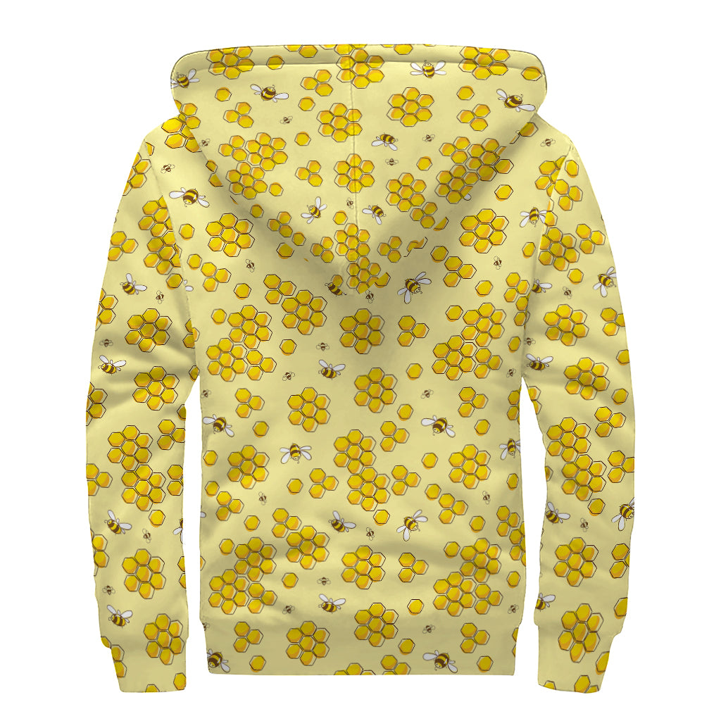 Cute Honey Bee Pattern Print Sherpa Lined Zip Up Hoodie