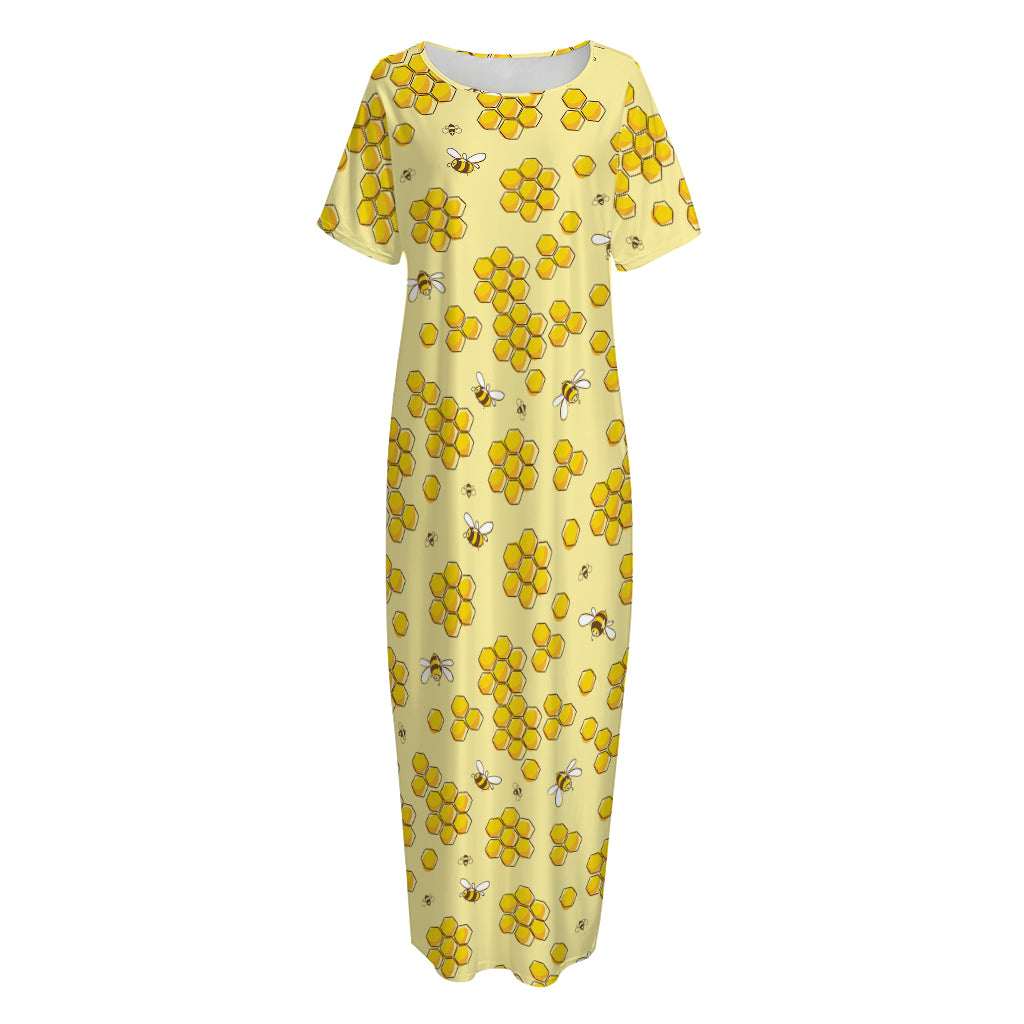 Cute Honey Bee Pattern Print Short Sleeve Long Nightdress