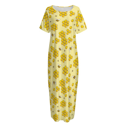 Cute Honey Bee Pattern Print Short Sleeve Long Nightdress