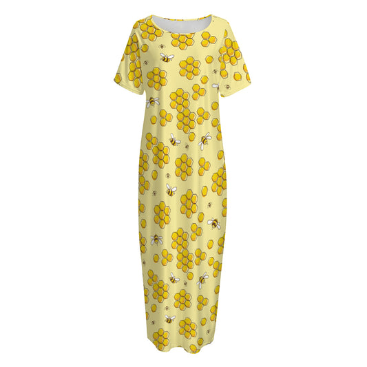 Cute Honey Bee Pattern Print Short Sleeve Long Nightdress