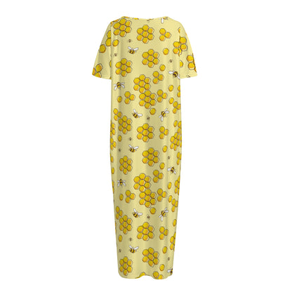 Cute Honey Bee Pattern Print Short Sleeve Long Nightdress