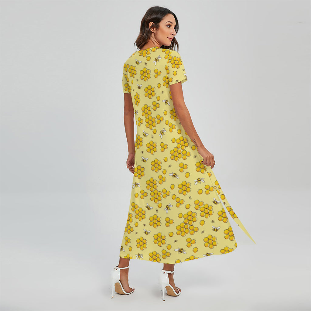 Cute Honey Bee Pattern Print Short Sleeve Maxi Dress