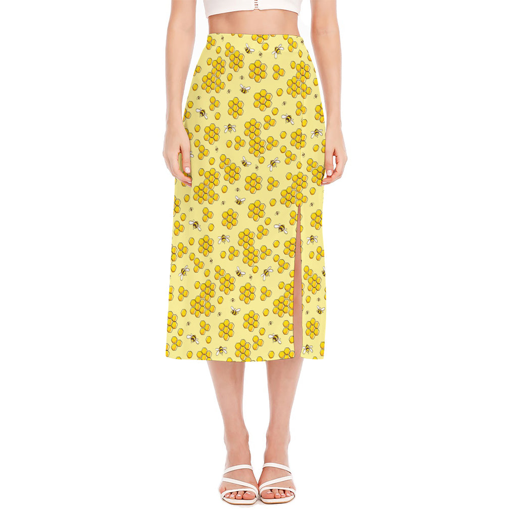 Cute Honey Bee Pattern Print Side Slit Midi Skirt