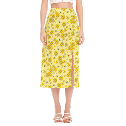 Cute Honey Bee Pattern Print Side Slit Midi Skirt