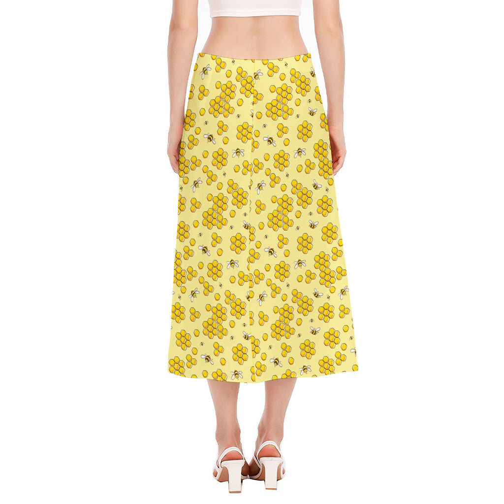 Cute Honey Bee Pattern Print Side Slit Midi Skirt