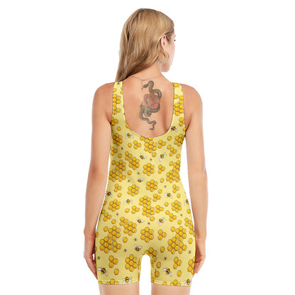 Cute Honey Bee Pattern Print Sleeveless One Piece Swimsuit