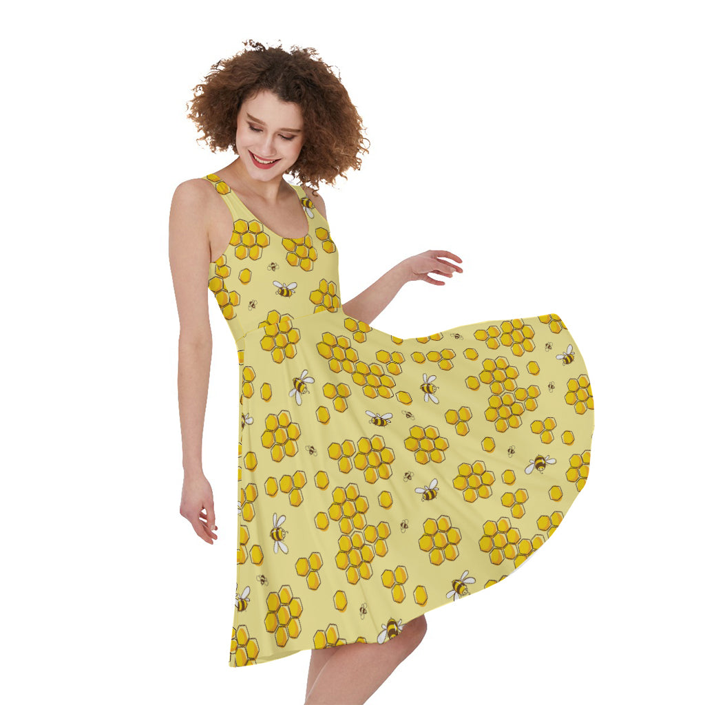 Cute Honey Bee Pattern Print Women's Sleeveless Dress
