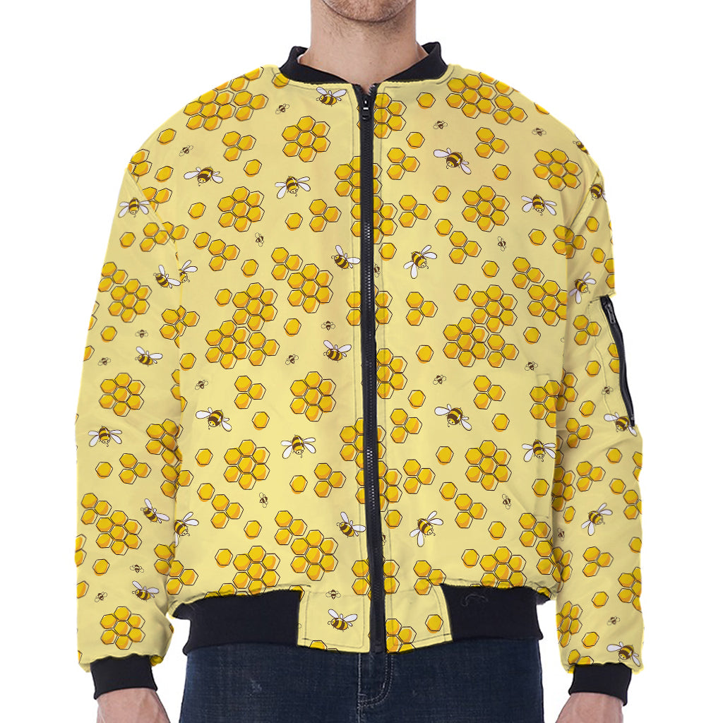 Cute Honey Bee Pattern Print Zip Sleeve Bomber Jacket