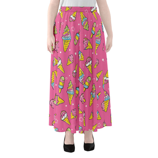 Cute Ice Cream Pattern Print Chiffon Maxi Skirt