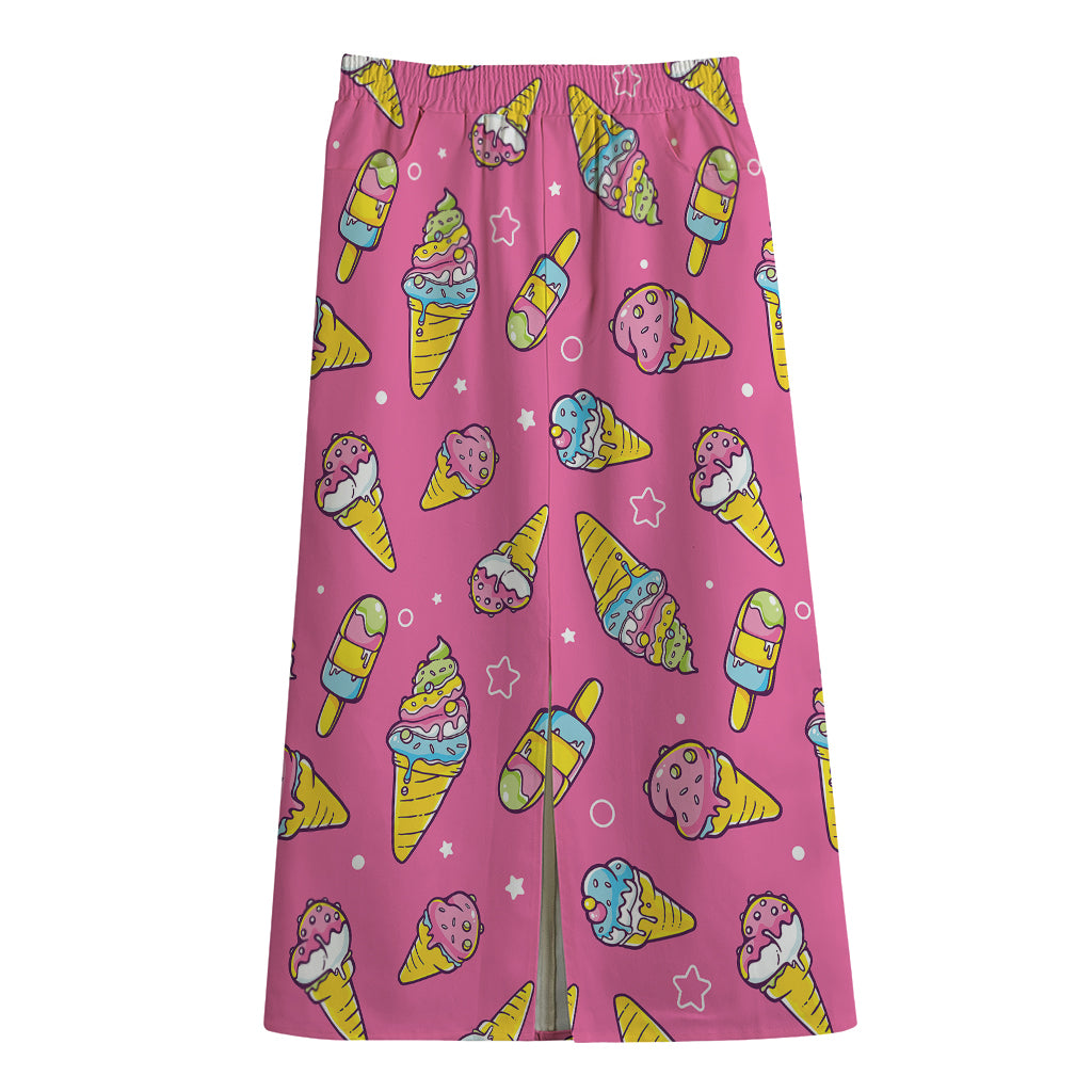 Cute Ice Cream Pattern Print Cotton Front Slit Maxi Skirt