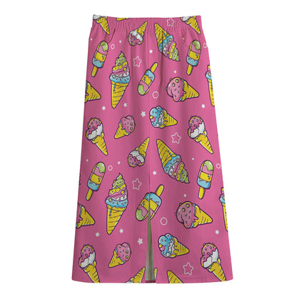 Cute Ice Cream Pattern Print Cotton Front Slit Maxi Skirt