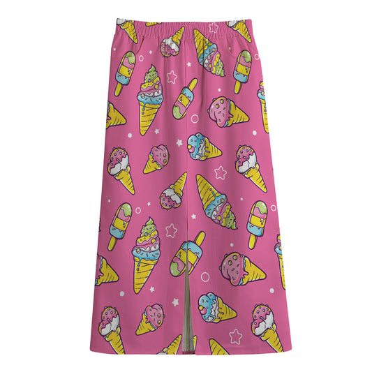 Cute Ice Cream Pattern Print Cotton Front Slit Maxi Skirt