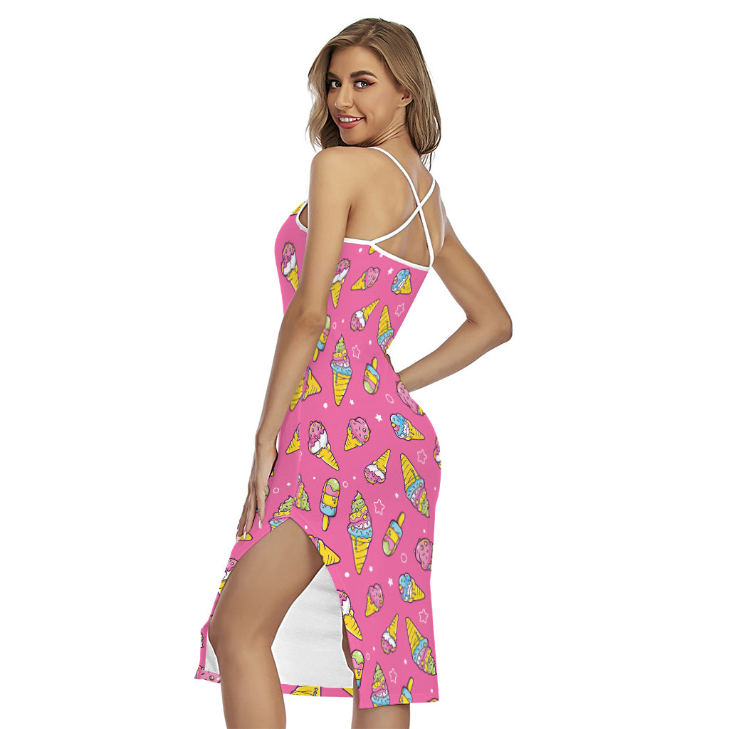 Cute Ice Cream Pattern Print Cross Back Cami Dress