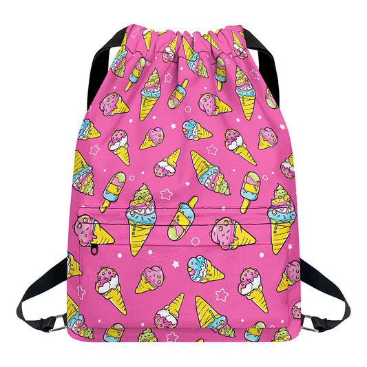 Cute Ice Cream Pattern Print Drawstring Backpack