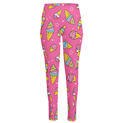 Cute Ice Cream Pattern Print High-Waisted Pocket Leggings