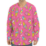 Cute Ice Cream Pattern Print Long Sleeve Baseball Jersey