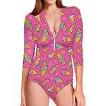 Cute Ice Cream Pattern Print Long Sleeve Swimsuit