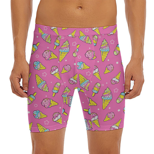 Cute Ice Cream Pattern Print Men's Long Boxer Briefs