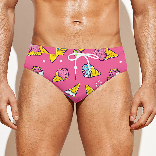Cute Ice Cream Pattern Print Men's Swim Briefs