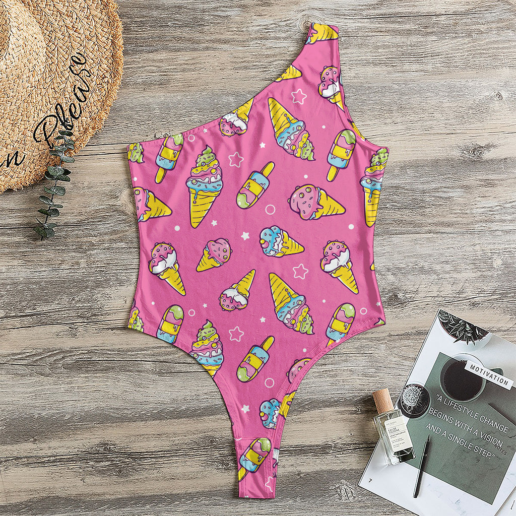 Cute Ice Cream Pattern Print One Shoulder Bodysuit
