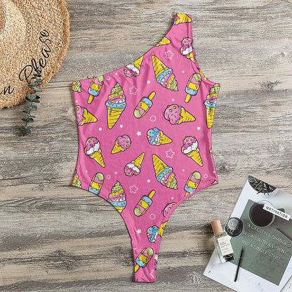 Cute Ice Cream Pattern Print One Shoulder Bodysuit