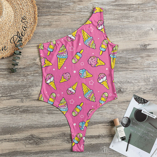 Cute Ice Cream Pattern Print One Shoulder Bodysuit
