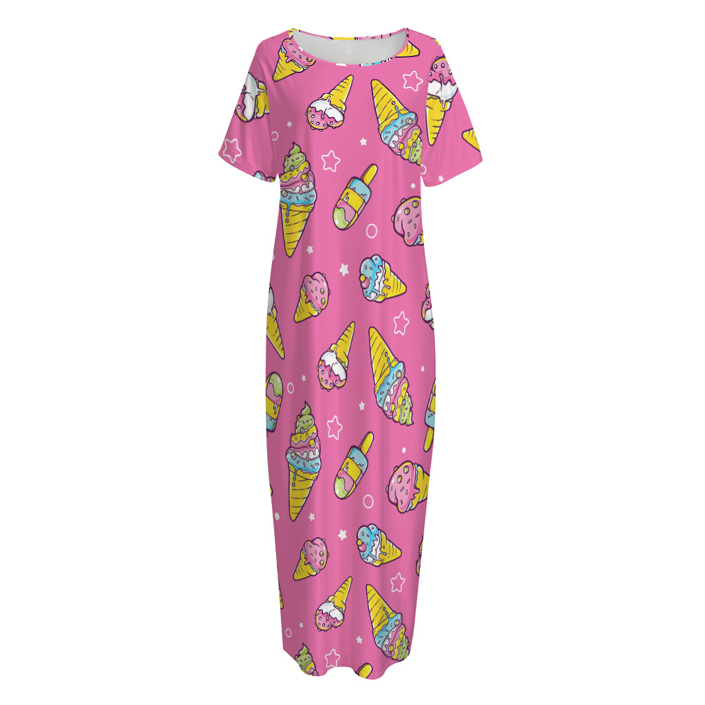 Cute Ice Cream Pattern Print Short Sleeve Long Nightdress