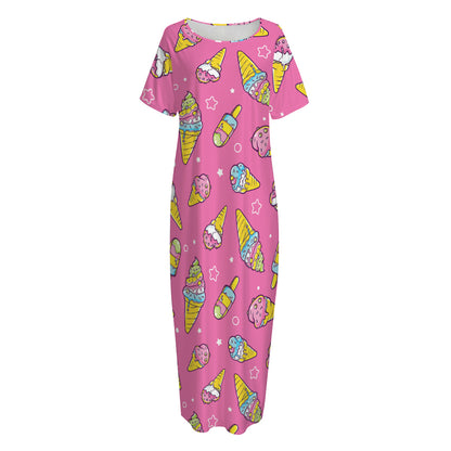 Cute Ice Cream Pattern Print Short Sleeve Long Nightdress