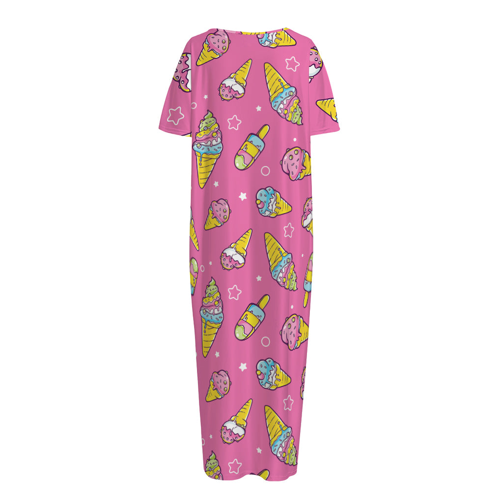 Cute Ice Cream Pattern Print Short Sleeve Long Nightdress