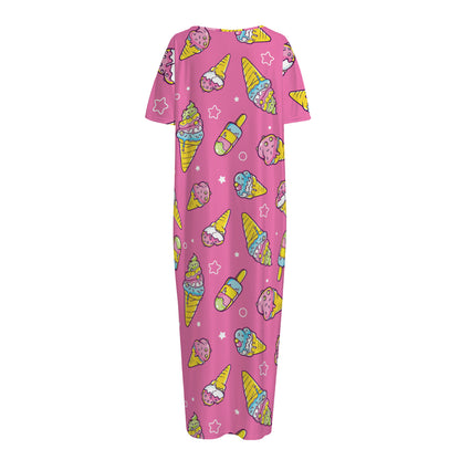 Cute Ice Cream Pattern Print Short Sleeve Long Nightdress