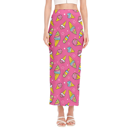 Cute Ice Cream Pattern Print Side Slit Maxi Skirt