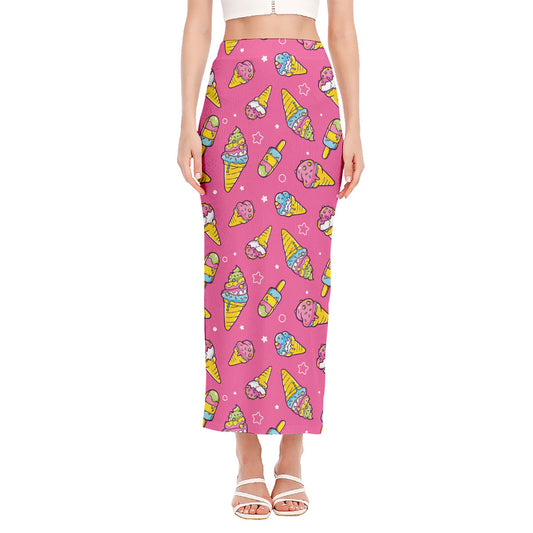 Cute Ice Cream Pattern Print Side Slit Maxi Skirt
