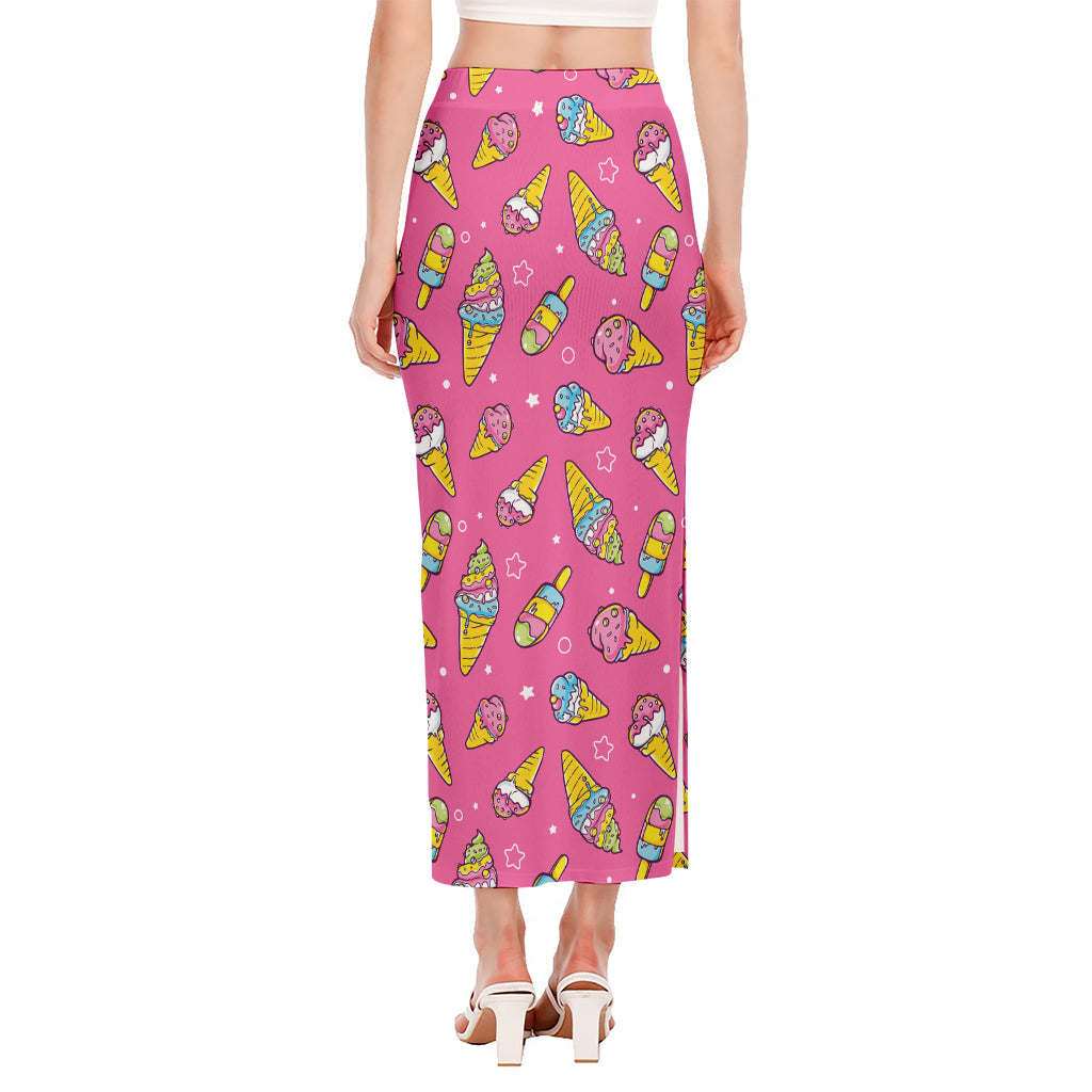 Cute Ice Cream Pattern Print Side Slit Maxi Skirt